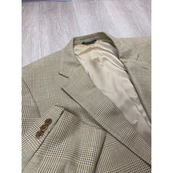 Brooks Brothers Italy Sport Blazer Jacket 43 L Long Windowpane Beige Silk Linen‎